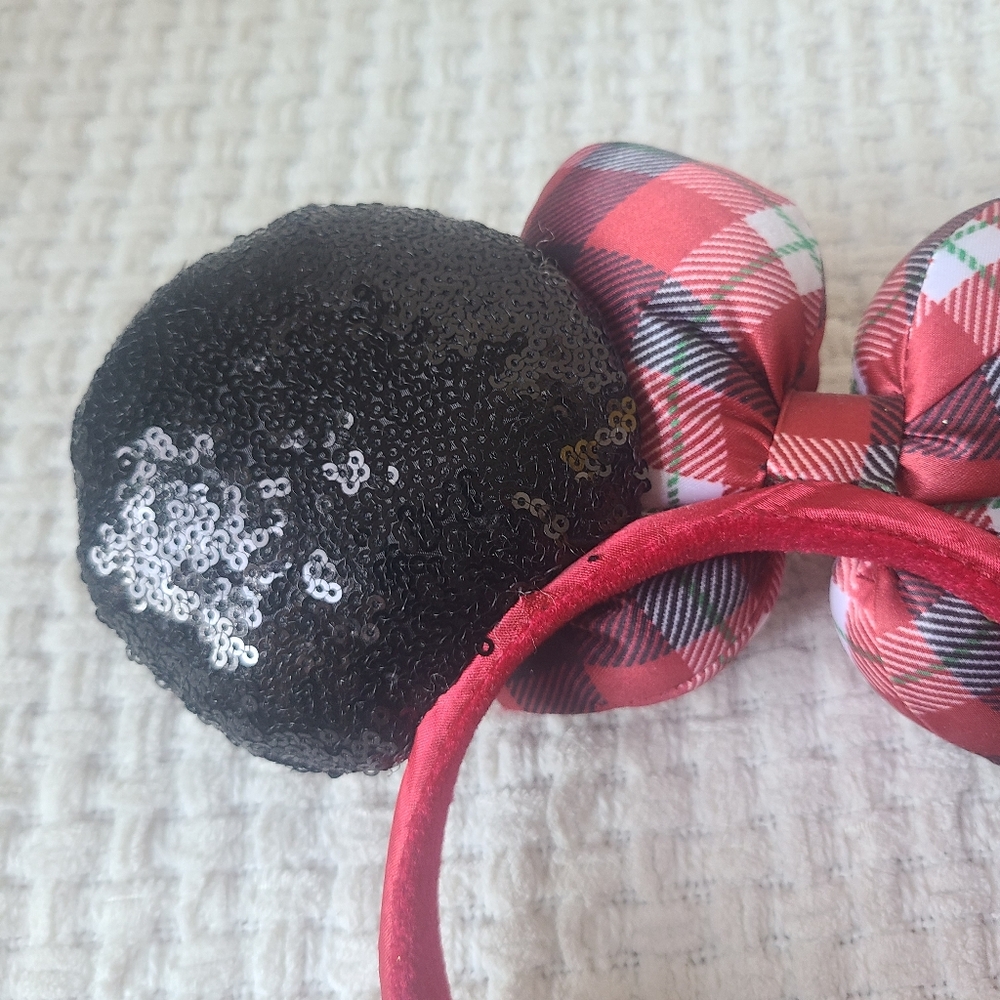 Disney Parks Christmas plaid and sequin Minnie Mouse ear headband One Size Fits - Picture 5 of 11